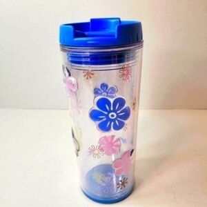 Starbucks Double Wall Clear Raised Floral Flowers Blue Lid 16oz